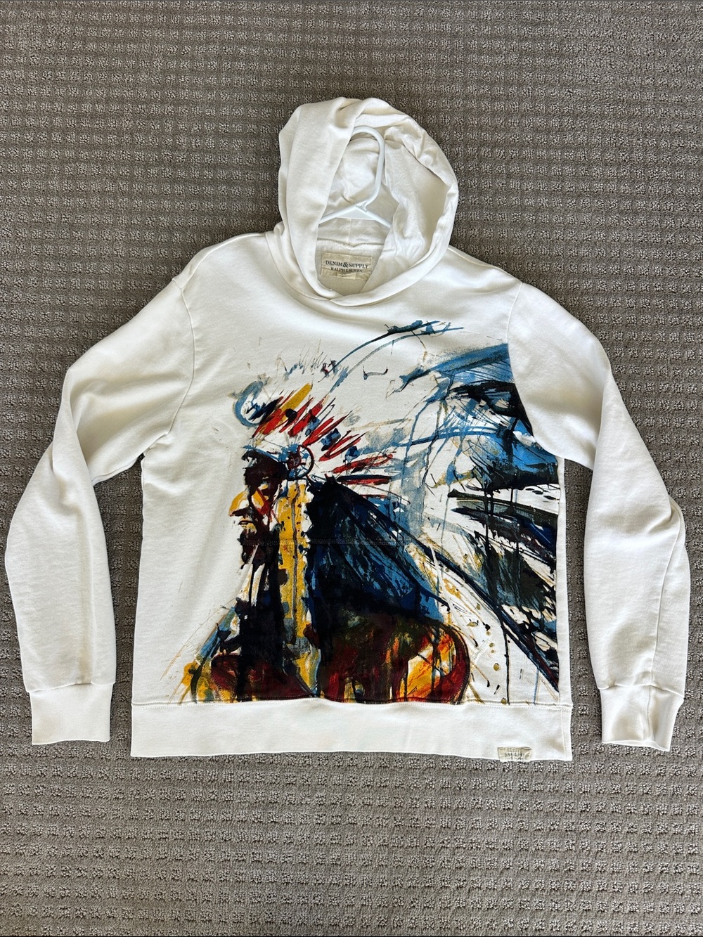 Denim & Supply Ralph Lauren White Hoodie Sweatshirt with Indian / Native Graphic